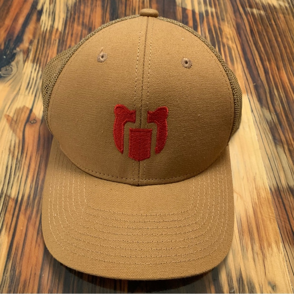 Khaki& Red trucker hat. Red Bear design. Adjustable strap to fit all.
